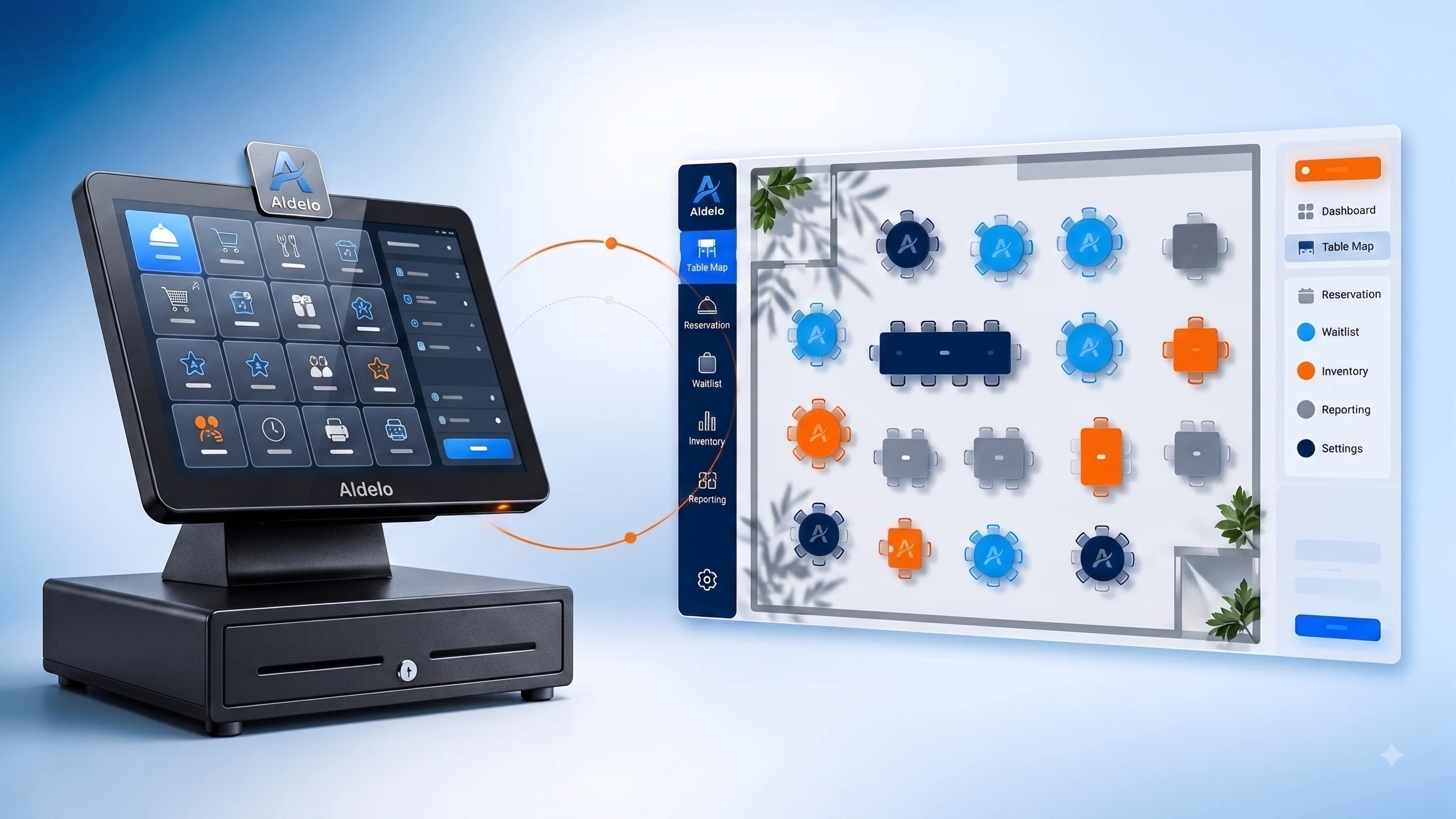 Aldelo POS integrado para restaurantes con mapa de mesas